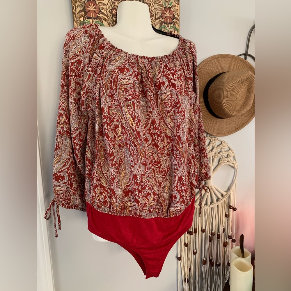 Red paisley body suit by KORI LX NWT